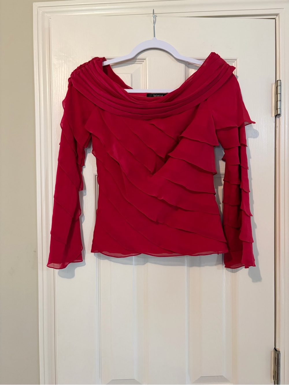Tadashi Shoji Silk Blouse Top Size 2 Red Off Shoulder Tiered Gorgeous!